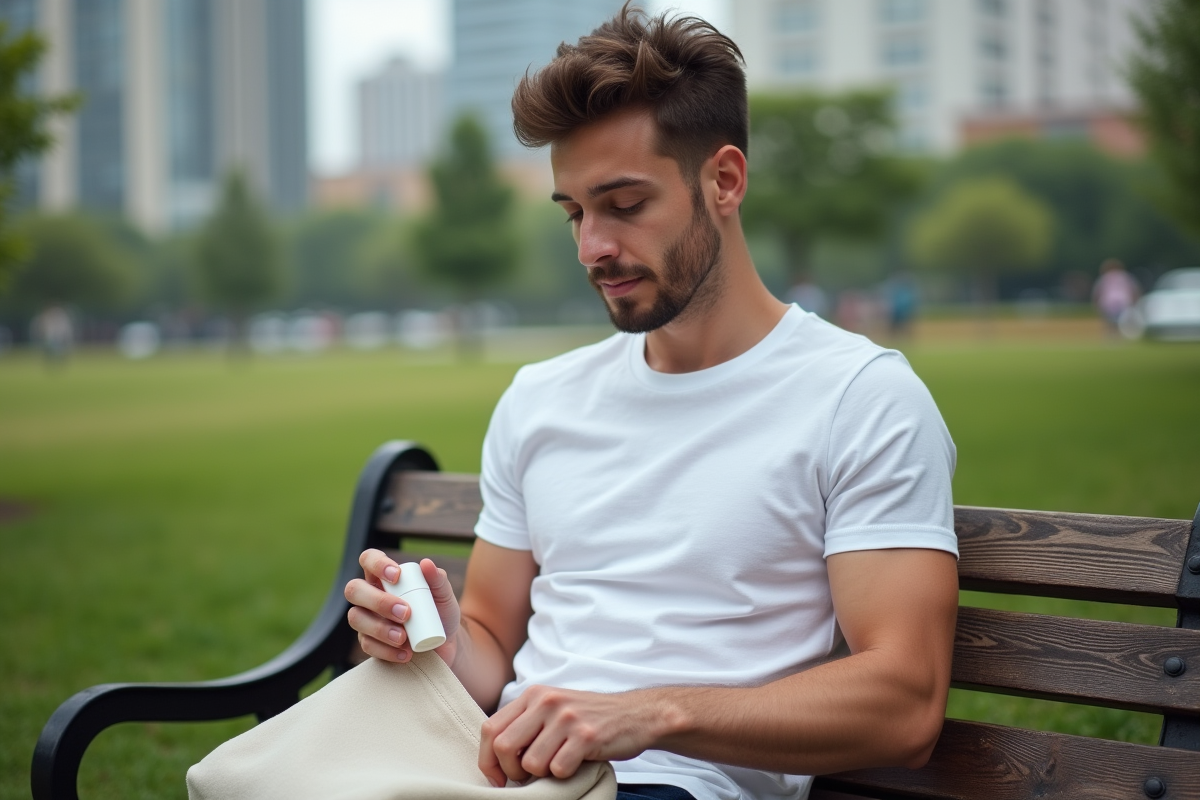 Jeune homme avec déodorant naturel dans parc urbain