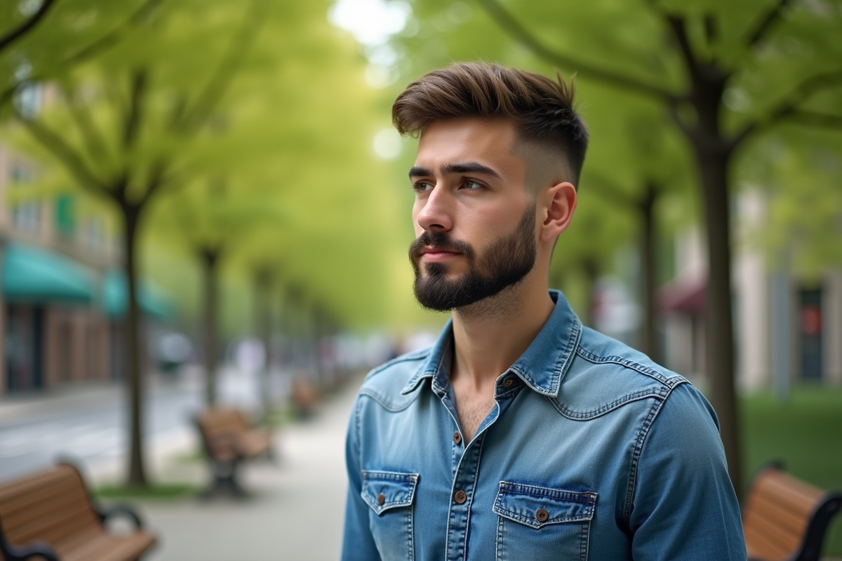 Jeune homme dans un parc urbain en denim