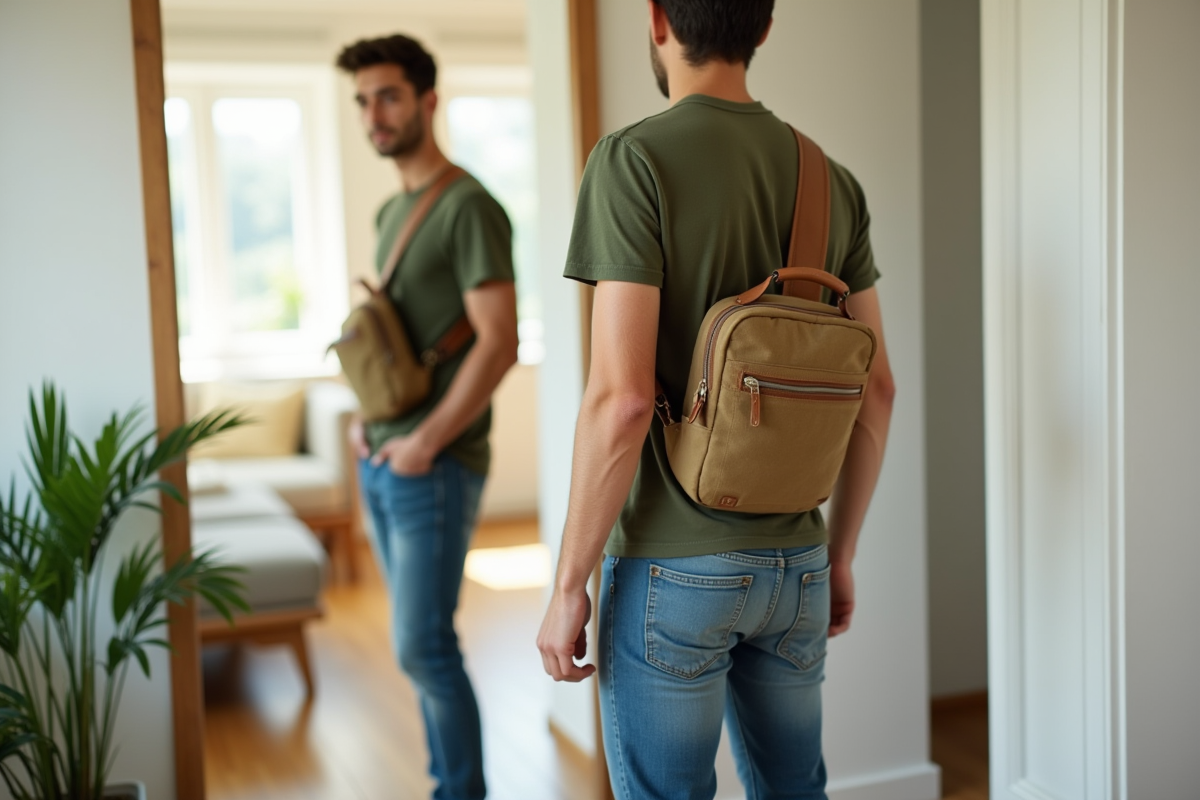 Jeune homme vérifiant son sac dans un appartement lumineux