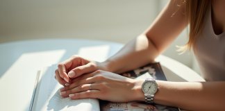Main d'une femme portant une montre en argent sur un magazine