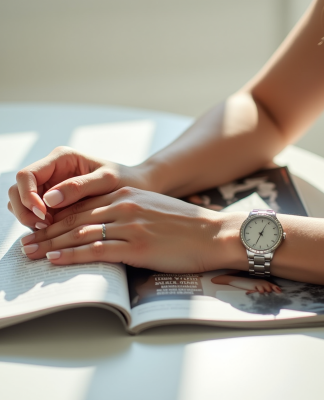Main d'une femme portant une montre en argent sur un magazine