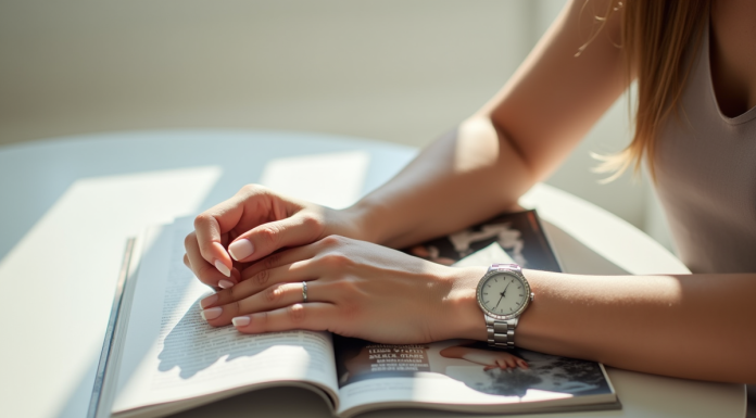 Main d'une femme portant une montre en argent sur un magazine
