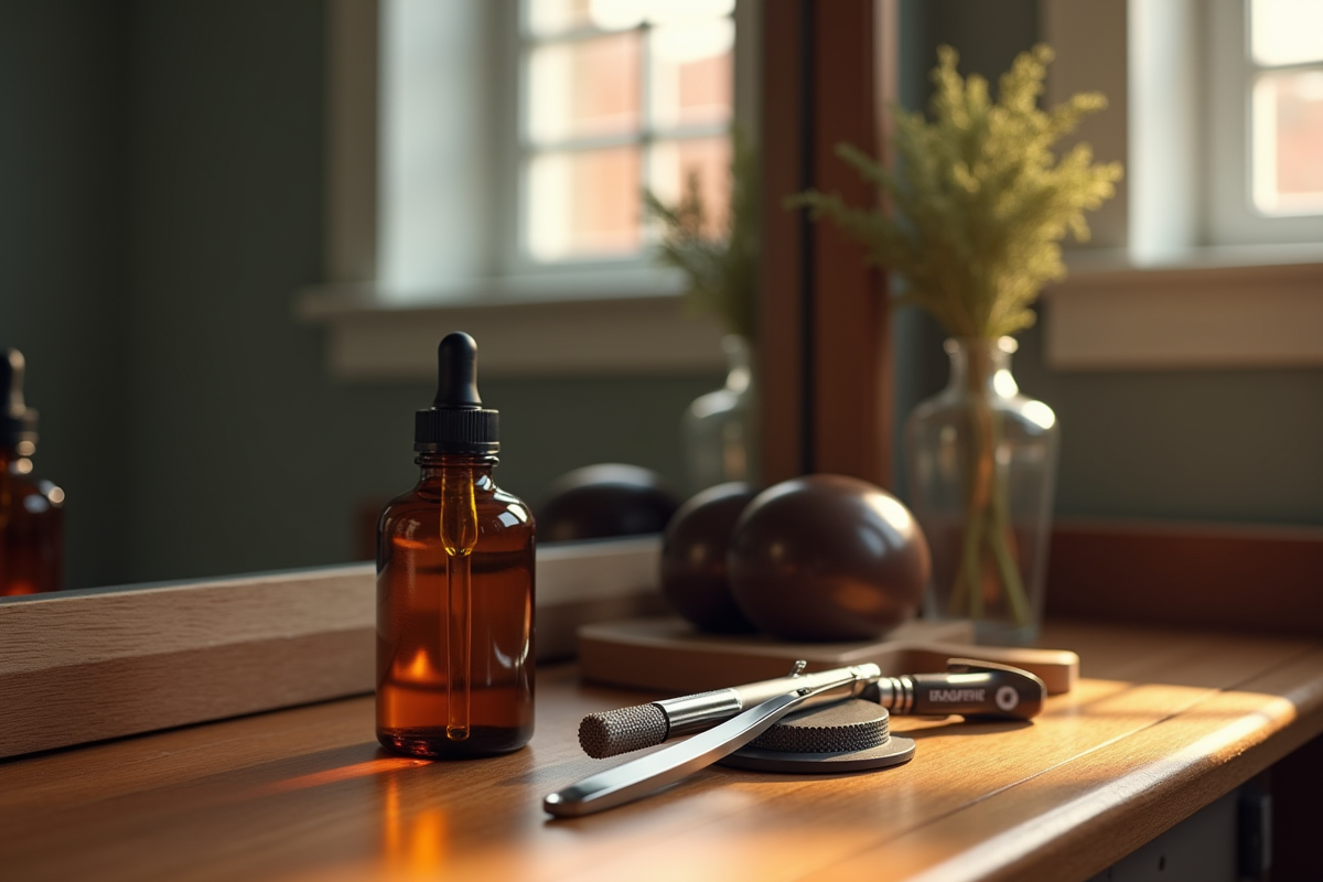Outils de grooming et huile à barbe sur meuble