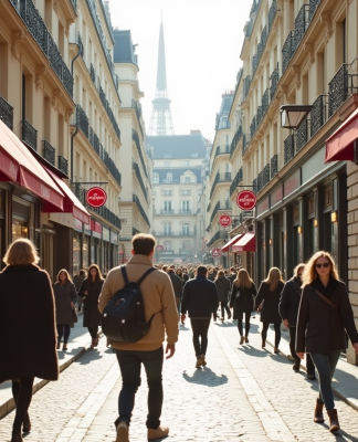 Scène de rue parisienne élégante avec boutiques et passants