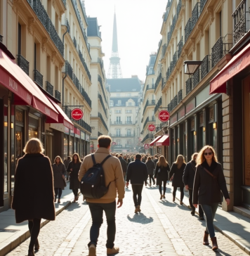 Mode : découvrez le pays d’origine de la mode ! Scène de rue parisienne élégante avec boutiques et passants