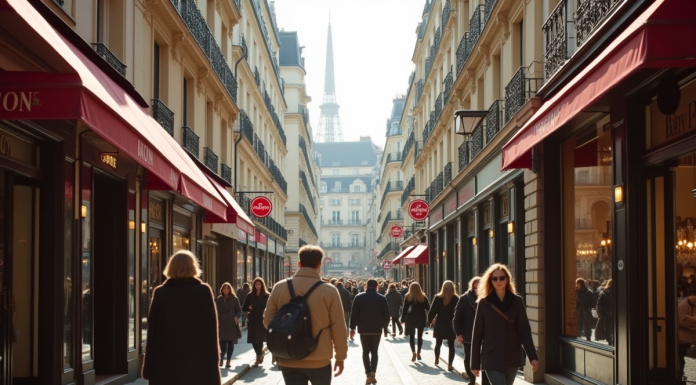 Scène de rue parisienne élégante avec boutiques et passants
