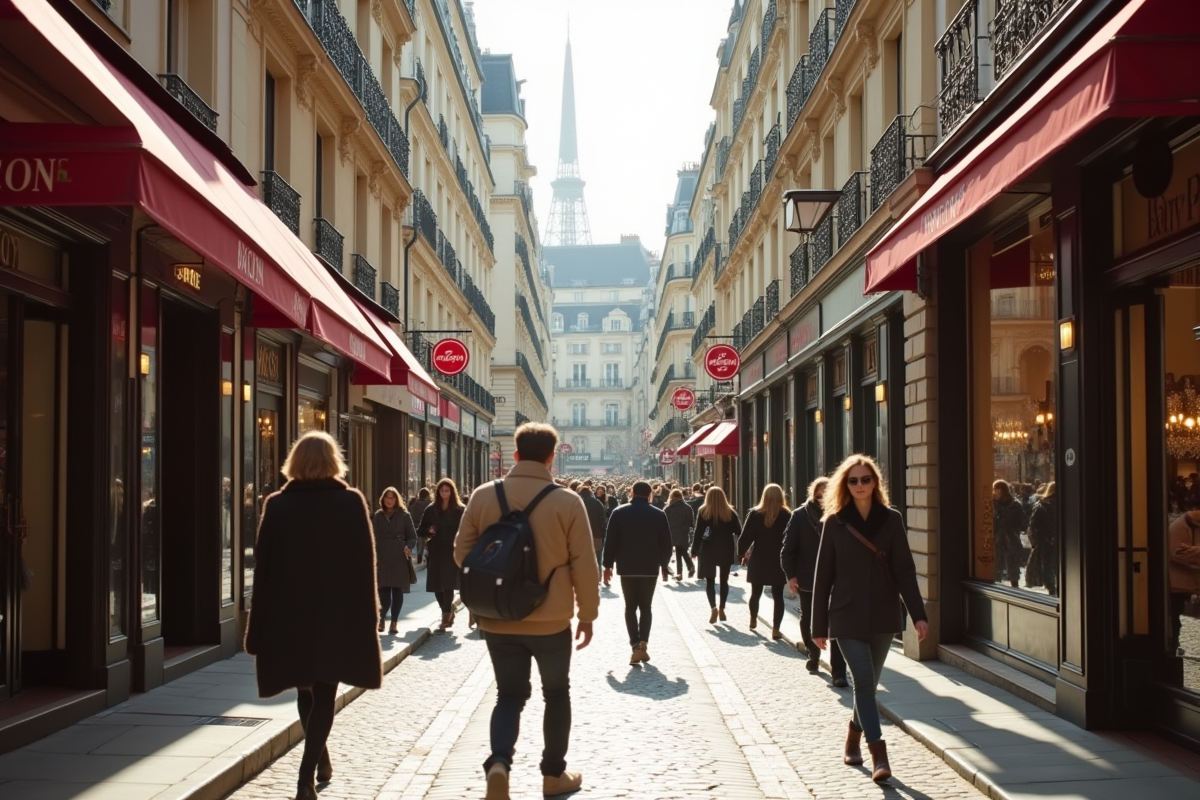 Scène de rue parisienne élégante avec boutiques et passants