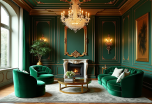 Salon luxueux avec accents or et fauteuils en velours vert émeraude