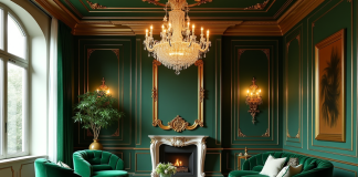Salon luxueux avec accents or et fauteuils en velours vert émeraude