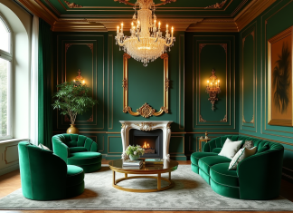 Salon luxueux avec accents or et fauteuils en velours vert émeraude