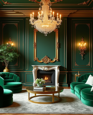 Salon luxueux avec accents or et fauteuils en velours vert émeraude
