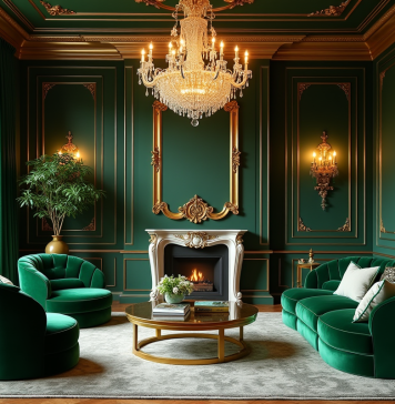 Salon luxueux avec accents or et fauteuils en velours vert émeraude