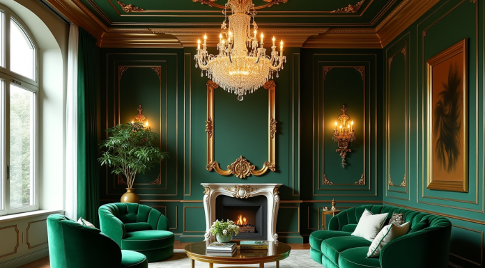 Salon luxueux avec accents or et fauteuils en velours vert émeraude