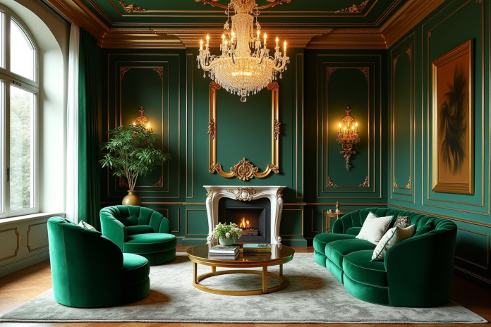 Salon luxueux avec accents or et fauteuils en velours vert émeraude