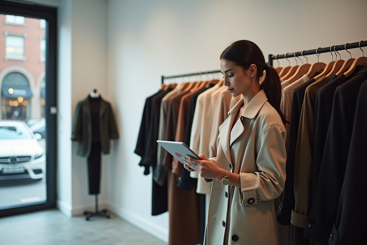Jeune acheteuse mode avec tablette dans showroom moderne