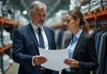 Grossiste Zara : Découvrez l’identité du fournisseur de Zara en France Homme et femme en warehouse de mode examinant des echantillons