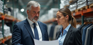 Homme et femme en warehouse de mode examinant des echantillons