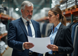 Grossiste Zara : Découvrez l’identité du fournisseur de Zara en France Homme et femme en warehouse de mode examinant des echantillons