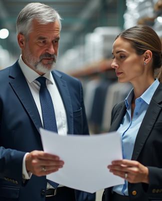 Homme et femme en warehouse de mode examinant des echantillons
