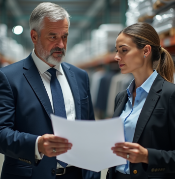 Grossiste Zara : Découvrez l’identité du fournisseur de Zara en France Homme et femme en warehouse de mode examinant des echantillons
