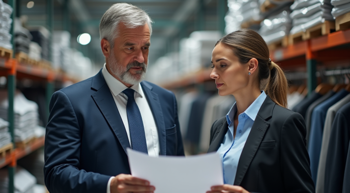 Homme et femme en warehouse de mode examinant des echantillons