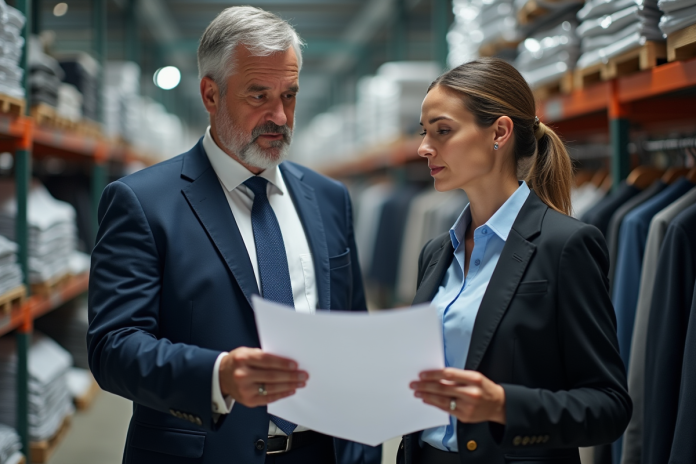 equipe-approvisionnement-mode Homme et femme en warehouse de mode examinant des echantillons