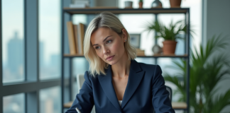 Femme d'affaires confiante en tailleur navy dans un bureau moderne