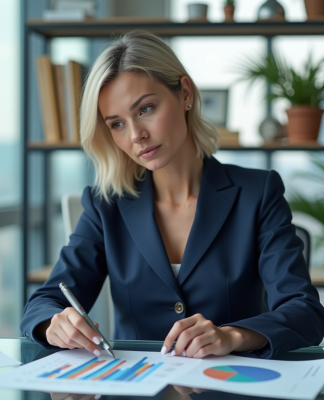 Femme d'affaires confiante en tailleur navy dans un bureau moderne