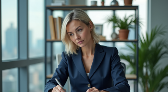 Femme d'affaires confiante en tailleur navy dans un bureau moderne