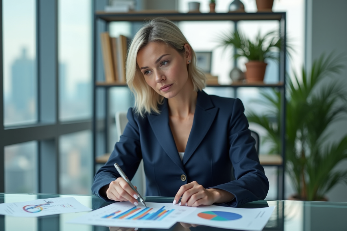 Femme d'affaires confiante en tailleur navy dans un bureau moderne