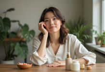 Femme appliquant maquillage bio dans un intérieur naturel