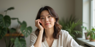 Femme appliquant maquillage bio dans un intérieur naturel