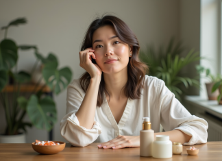 Maquillage bio : les produits cosmétiques peuvent-ils contenir du poisson ? Femme appliquant maquillage bio dans un intérieur naturel