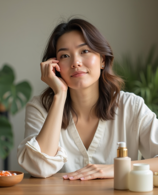 Femme appliquant maquillage bio dans un intérieur naturel