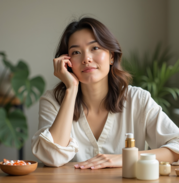Femme appliquant maquillage bio dans un intérieur naturel