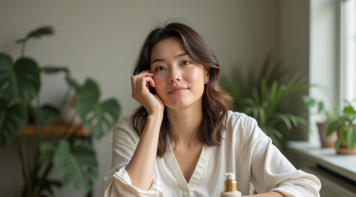 Femme appliquant maquillage bio dans un intérieur naturel