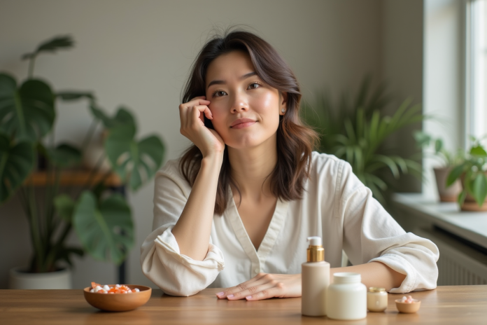 Femme appliquant maquillage bio dans un intérieur naturel