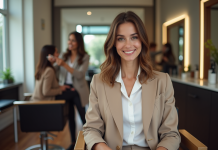 Femme élégante en salon de coiffure moderne et accueillant