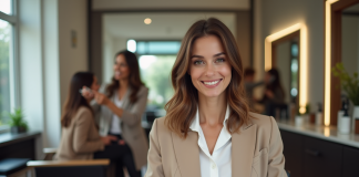 Femme élégante en salon de coiffure moderne et accueillant