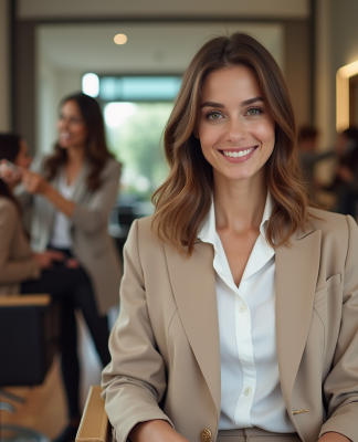 Femme élégante en salon de coiffure moderne et accueillant