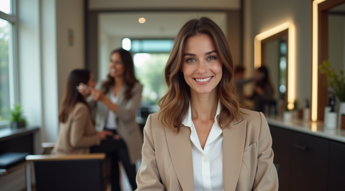 Femme élégante en salon de coiffure moderne et accueillant