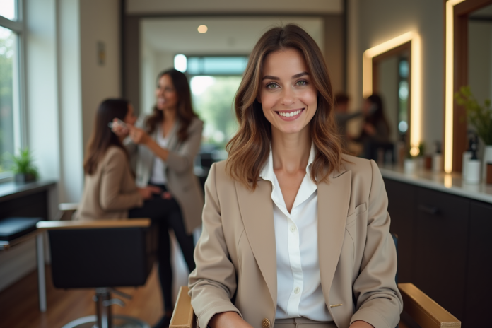 femme-coiffeuse-salon-chic Femme élégante en salon de coiffure moderne et accueillant