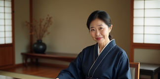 Femme japonaise en kimono navy tenant un rouleau de calligraphie