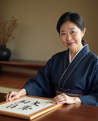 Femme japonaise en kimono navy tenant un rouleau de calligraphie