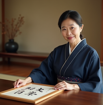 Femme japonaise en kimono navy tenant un rouleau de calligraphie