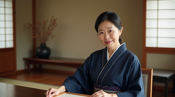 Femme japonaise en kimono navy tenant un rouleau de calligraphie