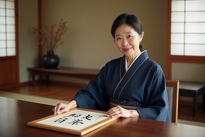 Femme japonaise en kimono navy tenant un rouleau de calligraphie
