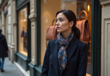 Femme élégante regardant une vitrine de sacs de luxe à Paris