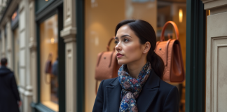 Femme élégante regardant une vitrine de sacs de luxe à Paris
