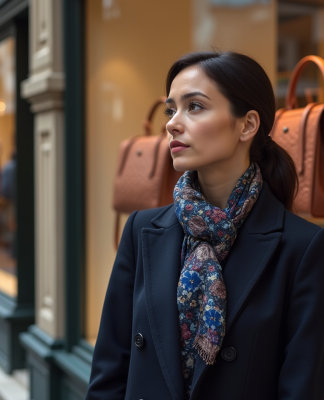 Femme élégante regardant une vitrine de sacs de luxe à Paris